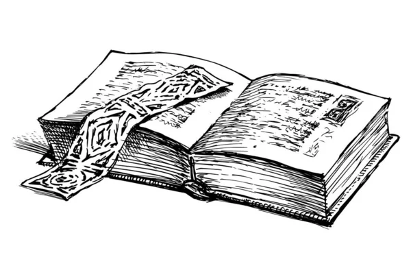 Skizze Eines Alten Gedruckten Buches Mit Lesezeichen — Stockvektor