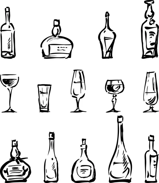 Bouteilles et verres croquis — Image vectorielle