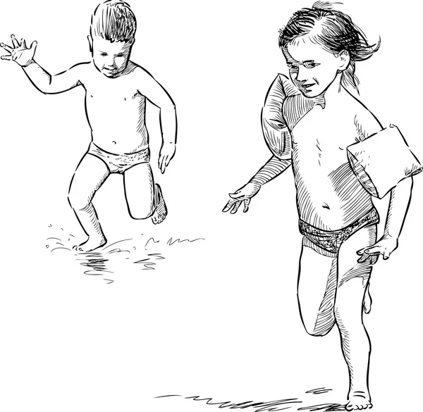 Niños corriendo por la orilla del mar — Archivo Imágenes Vectoriales