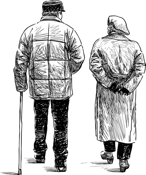Bir yürüyüşe yaşlı çift — Stok Vektör