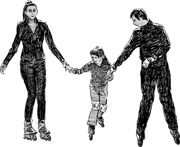 Famille sur patins à roulettes — Image vectorielle