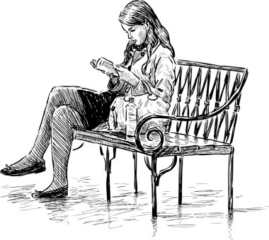 girl reading on a park bench clipart