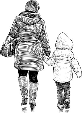 mother and kid on a walk clipart