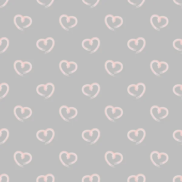 Hand drawn artistic ink brush pattern of romantic light pink hearts on a grey background_ — Stockvector