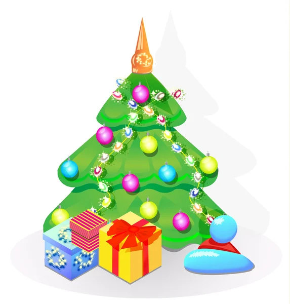 Χριστουγεννιάτικο δέντρο διακοσμημένο με χάντρες και Χριστουγεννιάτικες μπάλες και τα δώρα — Διανυσματικό Αρχείο