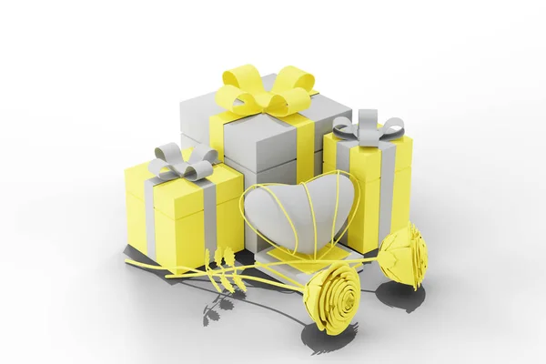 Rendering Illustration Geschenke Für Feiertage Grau Und Gelbtönen Auf Weißem — Stockfoto