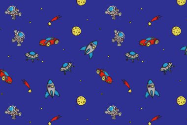 Vektör arkaplanı - çeşitli uzay nesneleri şeklinde tekrarlanan bir kalıp. Çocuk odası için duvar kağıdı olarak kullanılabilir.