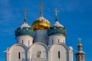 Trinity-Sergius Lavra (Sergiev Posad, Rusya) bölgesindeki Varsayım Katedrali 'nin karla kaplı kubbeleri)