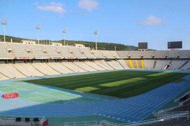 BARCELONA, İspanya - 18 Ağustos 2020: Lewis Companis Olimpiyat Stadyumu futbol sahası