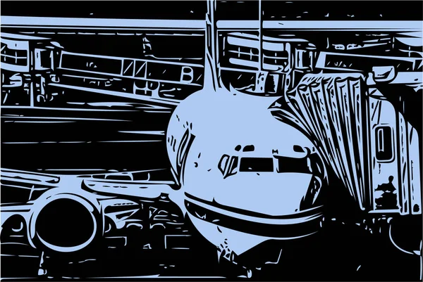 Dessin Vectoriel Dans Style Noir Avion Passagers Tient Aéroport — Image vectorielle