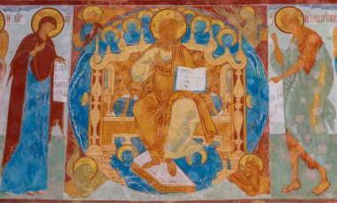 Bir Ortodoks kilisesinin duvarında İncil 'den bir entrika olan eski bir fresk