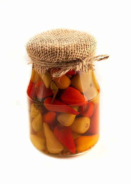 Pickled Pepper Jar Isolated White Background Spicy Snack Tied Jute — Stock Photo, Image