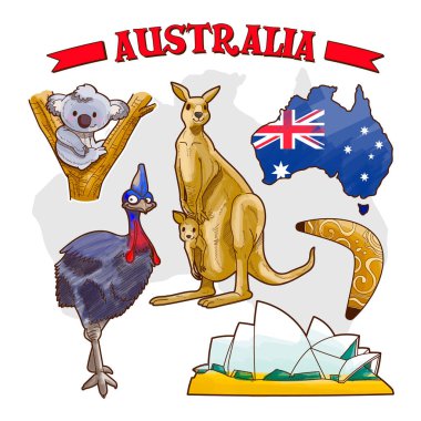 Avusturalya simgeleri el çizimi karalama suyu rengi