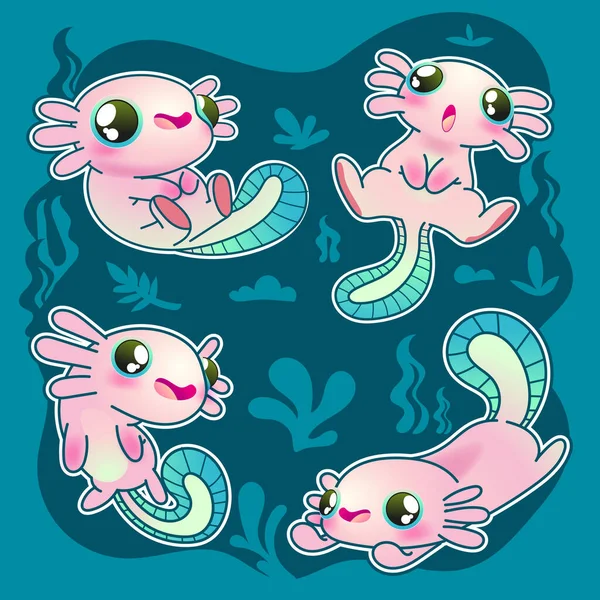 Jeu Vecteurs Axolotl Mignon Salamandre Mignonne — Image vectorielle