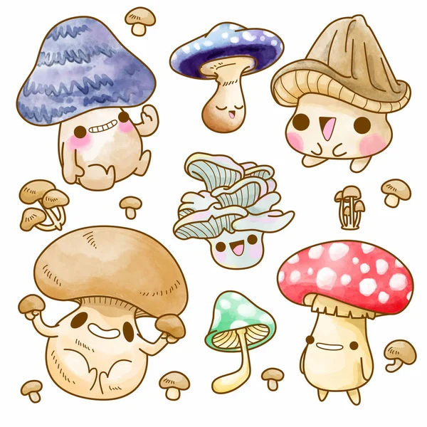 Cute Mushroom Vector Set Illustration Mushroom Watercolor — Stock Vector