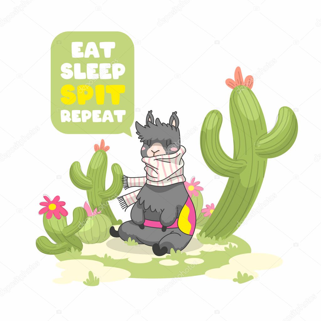 llama cute quote, eat sleep spit repeat, llama vector illustration