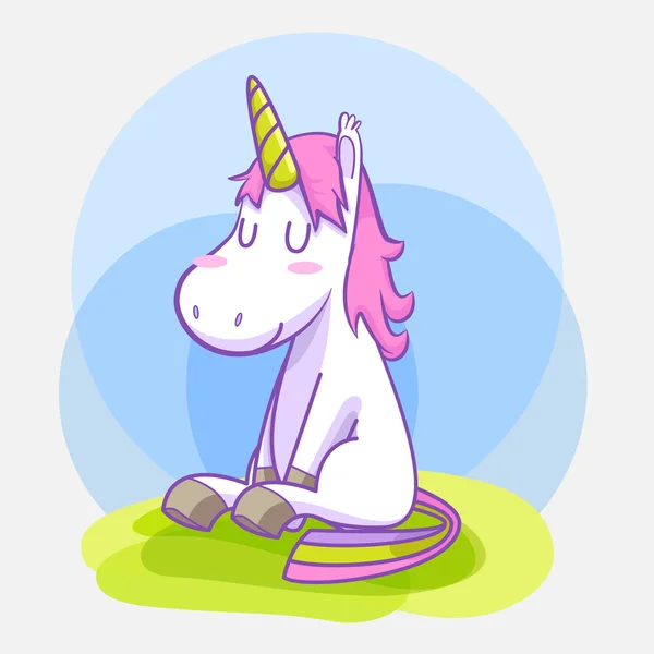 Unicorn glimlach zitten vector cartoon — Stockvector