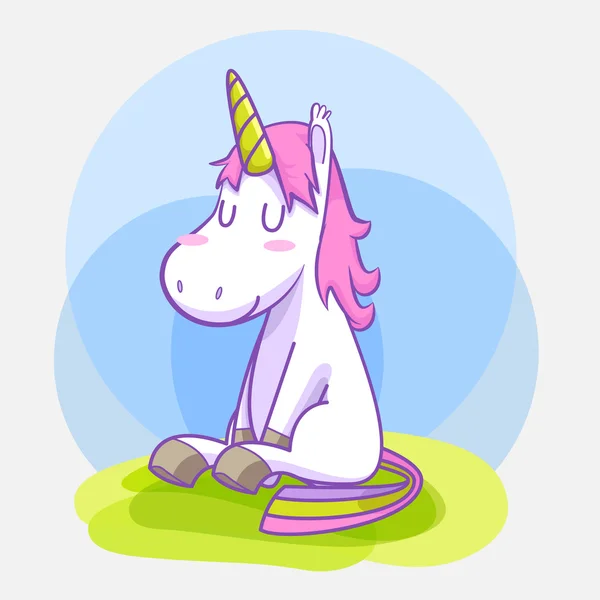 Unicorn tersenyum sambil duduk kartun vektor - Stok Vektor