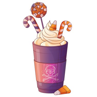 Krem şantili, şekerli, lolipoplu ve kafatası etiketli ürkütücü Cadılar Bayramı kahvesinin vektör çizimi. Cadılar Bayramı partisi, kafe menüsü ya da mevsimlik reklamlar için tatlı tasarımı..