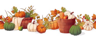Kabak ve akçaağaç yapraklarının vektör illüstrasyonuyla derlenmemiş bileşimi hasat edin. Hasır sepetin içinde, tahta kovanın içinde balkabakları. Sıcak sonbahar, Şükran Günü konsepti..