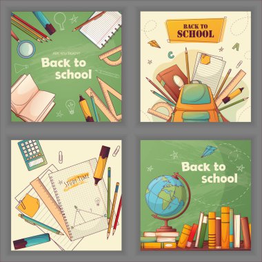 Kitap, kırtasiye, sırt çantası ve küre örnekleriyle okul şablonlarına geri dön. Sosyal medya paylaşımları, afişler ve eğitim tasarımları için mükemmel.