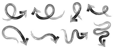 El çizimi vektör okları, işaretler, beyaz arkaplanda izole edilmiş. Sanatsal fırça darbeleri. Eğri oklar.