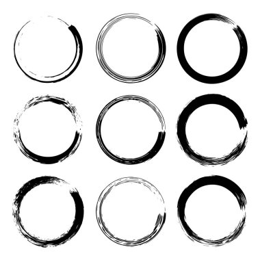 Çember şeklinde vektör fırça darbeleri. Sert, sanatsal fırça darbeleri. Boya sıçrama efekti. Logo, amblem, etiket geçmişi, dijital sanat için. El yapımı grunge çizgili daire.