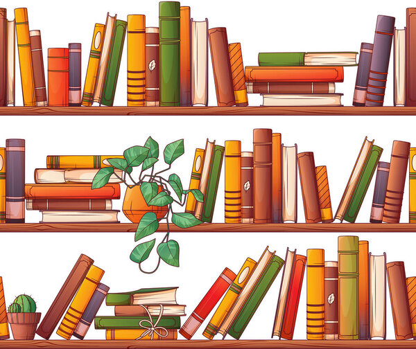 Векторный бесшовный рисунок книжных полок, изолированных на белом. Красочная иллюстрация стоячих книг, стопка книг с веревкой. Любитель книг, книжный магазин, концепция библиотеки.
