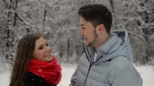 Par i kärlek i en snöig skog. — Stockvideo