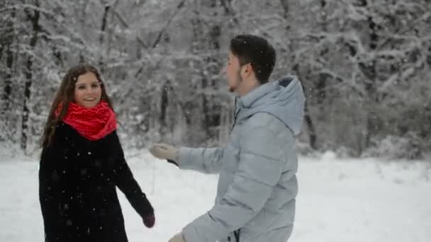 Paar verliefd in een besneeuwde forest. — Stockvideo