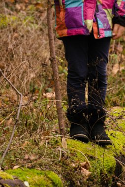 Sonbahar ormanında düşen ağaç gövdesinde siyah çizmelerle yürümek.