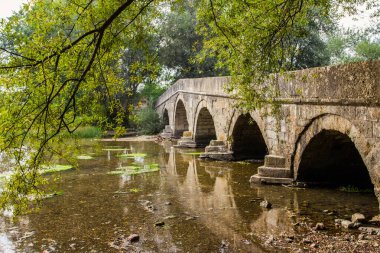 Saraybosna yakınlarındaki Vrelo Bosne Parkı 'ndaki tarihi taş Roma köprüsü. Bosna-Hersek