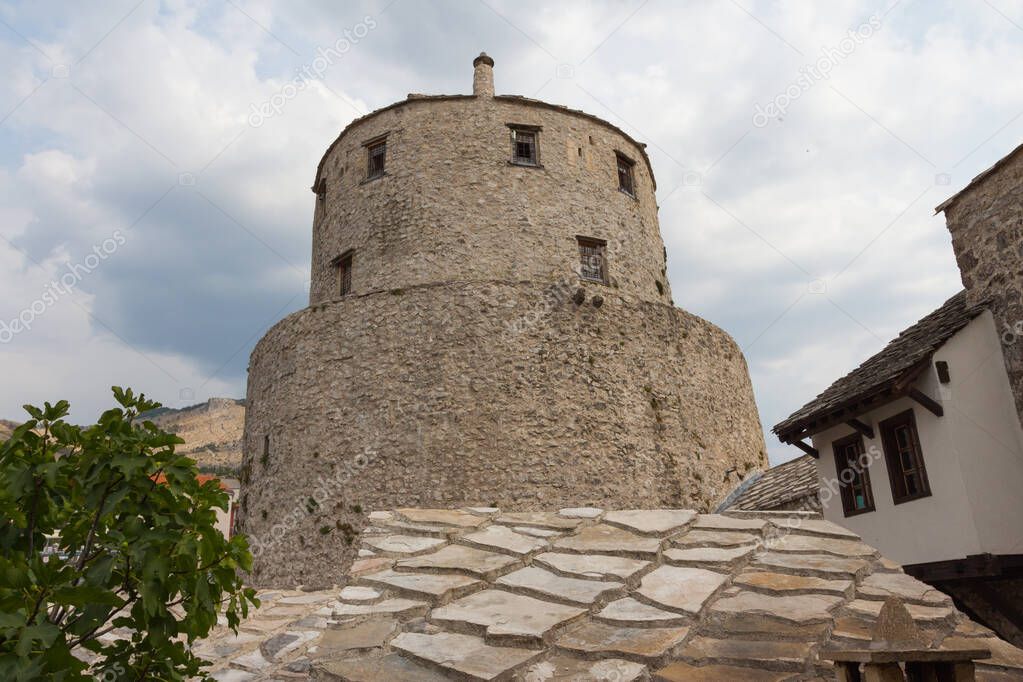 View of the tower of the Old Bridge in the Old Town of Mostar. Bosnia and Herzegovina