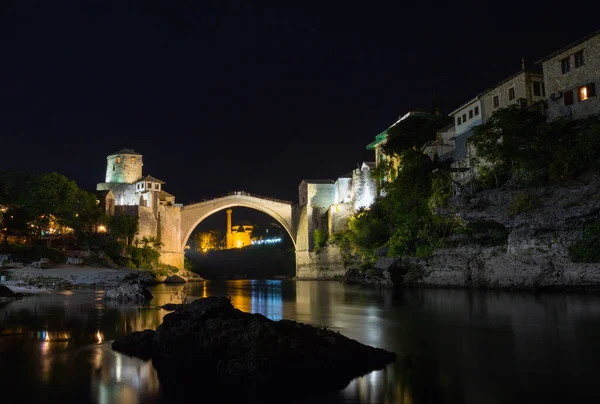 Вид Исторический Старый Мост Мостаре Полночь Босния Герцеговина — стоковое фото