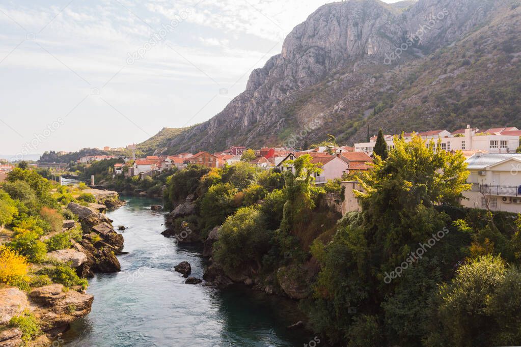 Beautiful view of the river Neretva in the city of Mostar. Bosnia and Herzegovina