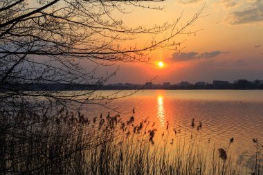 Kyiv gölünün üzerinde güzel bir gün batımı. Ukrayna 