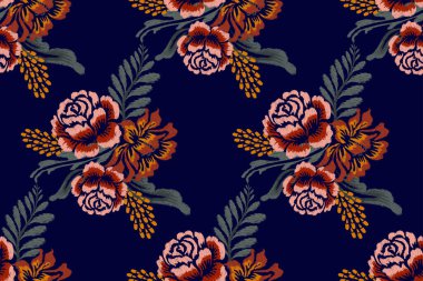 Lacivert arkaplan vektör illüstrasyonunda gülsüz desen, gülsüz çiçek deseni, el çizimi pürüzsüz desen, barok desen. Doku, kumaş, giysi, dekorasyon, ambalaj kağıdı tasarımı.
