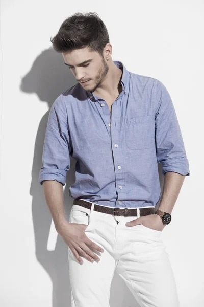 sky blue shirt and white pant