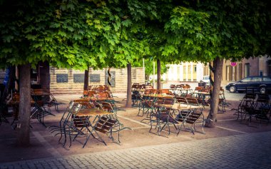 boş masalar ve ağaçların altındaki sandalyeler