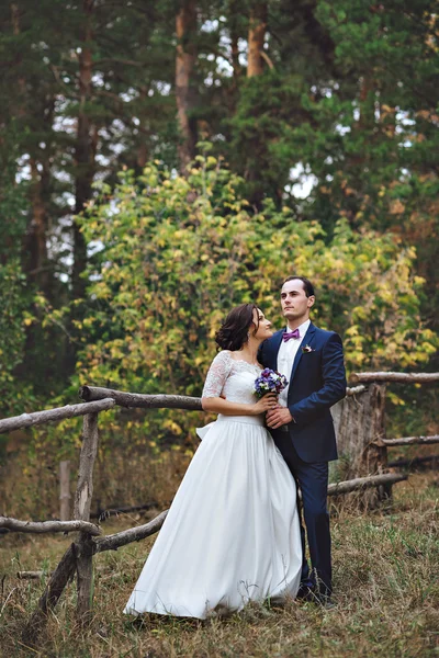 Belo par de amantes recém-casados abraçando na floresta, um buquê em mãos de noiva e noivo. Futura esposa de vestido de renda, na floresta. Olhando um para o outro. Vestido de noiva branco. Fato de homem azul . — Fotografia de Stock