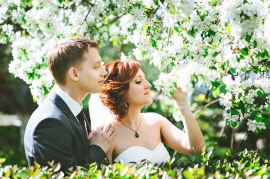 Genç mutlu sevgi dolu çift yeşil arka plan beyaz çiçekler portresi. Güzel güneşli bahar hava.