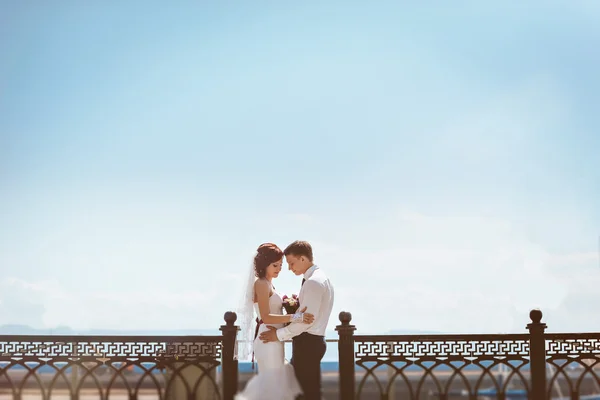 Sonriendo feliz pareja en el día de la boda puente, novia vestido blanco con tren, novio en traje azul . — Foto de Stock