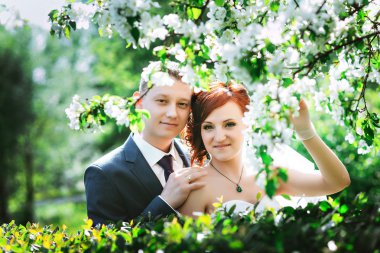 Genç mutlu sevgi dolu çift yeşil arka plan beyaz çiçekler portresi. Güzel güneşli bahar hava.