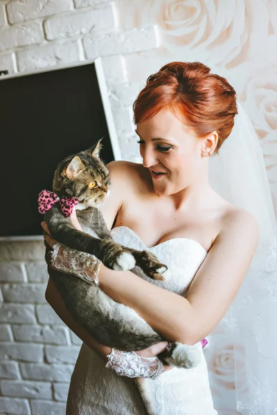 Joven novio riéndose sosteniendo un gato en mariposa rosa . — Foto de Stock