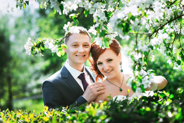 Portret van jonge gelukkig verliefde paar in het groen op de achtergrond witte bloemen. Mooie zonnige lente weer. — Stockfoto