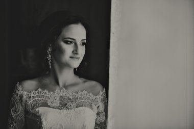 Kameraya bakarak gelin portresi. Güzel genç esmer. Dantel. Serenity