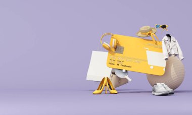 Minimal 3D composition of yellow credit card, shopping bag, and fashion items on pastel purple background, symbolizing modern e-commerce lifestyle. 3d rendering.