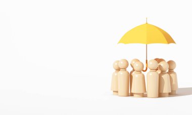 Bir grup ahşap figür, takım çalışması, toplum desteği ve toplu sigorta korumasını sembolize eden sarı bir şemsiye altında toplanıyor. Birlik ve güvenlik kavramı. 3d oluşturma.