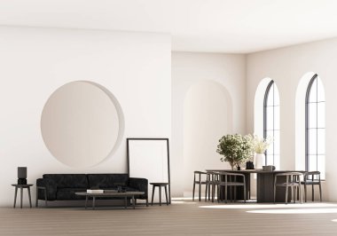 En az çağdaş iç mekan, siyah kanepe, çerçeve sanat zemin üzerinde dinleniyor ve kemerli pencerelerin yanındaki yemek masası aydınlık günışığında modern yaşam tarzı 3D görüntüleme için.