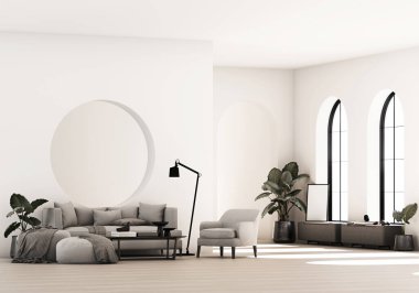 Tarafsız mobilyalar, kemerli pencereler ve kapalı alan bitkileriyle dolu parlak, modern bir oturma odası temiz bir asgari estetik yaratıyor. 3d oluşturma.